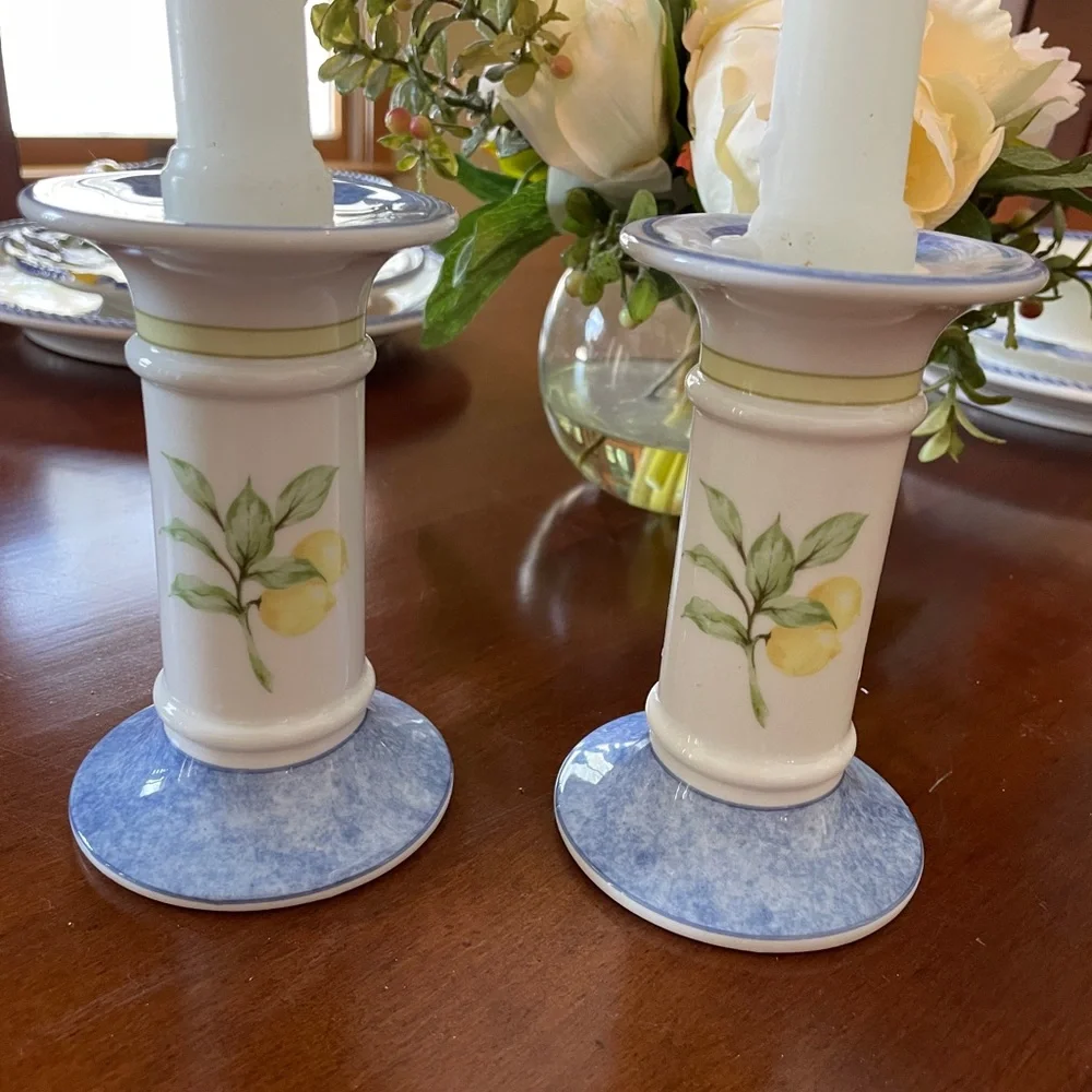 Royal Doulton Carmina Candlesticks Pair - Lemons & Olives Mediterranean Pattern - Picture 5 of 7